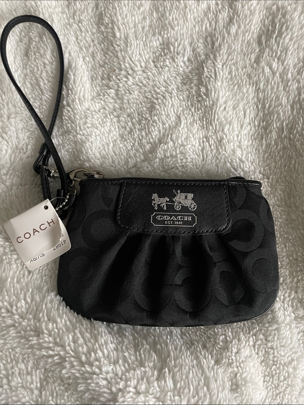Coach Black Signature Jacquard Wristlet with Silver Logo Plaque